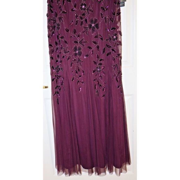 Adrianna Papell Plus Sz 16W Night Plum Hand Beaded S/S Floral Godet Gown $379 - Picture 5 of 10